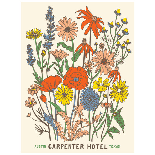 A colorful poster featuring a variety of illustrated wildflowers with the text 'Austin Carpenter Hotel Texas' at the bottom.