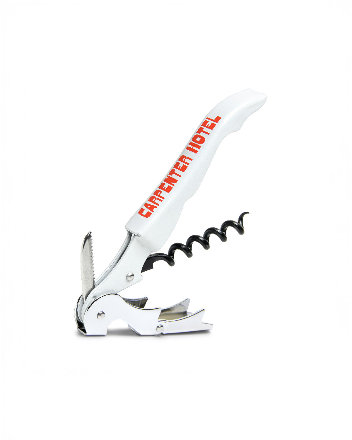 An open silver metal wine key with the Carpenter Hotel logo printed in orange-red on its side.