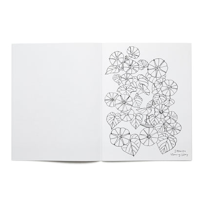 Open page of the 'Buds Along The Path' coloring book featuring illustrations of morning glory flowers and the title text.